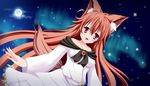  absurdres animal_ears aurora bare_shoulders breasts brooch brown_hair collarbone commentary_request darktrified dress fang fingernails full_moon highres imaizumi_kagerou jewelry long_hair looking_at_viewer moon open_mouth red_eyes shooting_star sky solo star star_(sky) starry_sky tail touhou very_long_hair watermark wolf_ears wolf_tail 