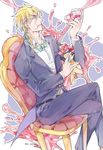  alcohol blonde_hair bow bowtie chair claws cup diego_brando drinking_glass flower formal jojo_no_kimyou_na_bouken male_focus maosanmu rose solo steel_ball_run suit wine wine_glass 