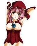  adapted_costume armpits arms_behind_head aroa_(chrysocolla) beret blush breasts corset ear_piercing earrings groin hat jewelry m.o.m.o. nipples no_undershirt piercing pink_hair small_breasts small_nipples smile solo stud_earrings xenosaga xenosaga_episode_iii yellow_eyes 