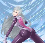  1girl artist_request ass blue_eyes bodysuit breasts cherry_blossoms from_behind gloves heart highres huge_ass liberation_maiden long_hair looking_at_viewer looking_back ozora_shoko sideboob silver_hair smile very_long_hair 