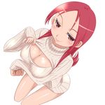  blush breasts cleavage cleavage_cutout from_above katuhata large_breasts lips long_hair long_sleeves looking_away meme_attire minna-dietlinde_wilcke open-chest_sweater red_eyes red_hair simple_background sleeves_past_wrists smile solo strike_witches sweater white_background world_witches_series 