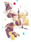  1girl 4_(nakajima4423) arm_warmers blonde_hair blue_eyes brother_and_sister closed_eyes falling hair_ornament hair_ribbon hairclip headset highres holding_hands kagamine_len kagamine_rin leg_warmers long_hair ribbon sailor_collar short_hair shorts siblings vocaloid 