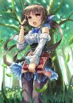  ahoge bare_shoulders belt bird_nest black_legwear blush book brown_eyes brown_hair butterfly_hair_ornament detached_sleeves flower grass hair_ornament hair_tucking long_hair nest open_mouth original ponytail qian_wu_atai solo thighhighs tree zettai_ryouiki 