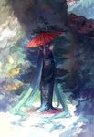  absurdly_long_hair aqua_hair autumn_leaves blue_eyes bush full_body hatsune_miku highres japanese_clothes kimono long_hair looking_at_viewer looking_back oriental_umbrella parasol plant solo standing tang_elen tree umbrella very_long_hair vocaloid 