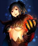  armor black_gloves black_hair breasts brown_eyes dark_souls_ii fireball gloves ko-on_(ningen_zoo) large_breasts looking_down ponytail revealing_clothes smelter_demon_armor solo souls_(from_software) twitter_username underboob 