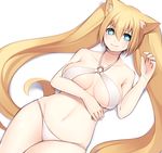  1girl android animal_ear_fluff animal_ears bad_id bad_tumblr_id bare_shoulders bikini blonde_hair blue_eyes blush breasts caseal choker collarbone large_breasts long_hair looking_at_viewer lying muryotaro navel o-ring o-ring_top on_back phantasy_star phantasy_star_online_2 simple_background solo sweatdrop swimsuit twintails very_long_hair white_background white_bikini 
