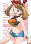  1girl breasts brown_hair female green_eyes hainchu hair_ribbon halter_top halterneck haruka_(pokemon) haruka_(pokemon)_(remake) midriff navel open_mouth pokemon ribbon shorts small_breasts solo 