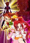  :o akahane_hina_(it_man) boots borrowed_character bow brooch brown_eyes brown_hair clenched_hands crop_top cure_ange_(it_man) cure_black cure_bloom cure_happiness_(soramazinn) earrings fingerless_gloves fire futari_wa_precure futari_wa_precure_splash_star gloves hair_bow hyuuga_saki it_man jewelry knee_boots long_hair magical_girl midriff misumi_nagisa multiple_girls navel original precure pyrokinesis red_eyes red_hair ribbon short_hair side_ponytail standing 