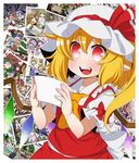  :d arm_ribbon ascot blonde_hair chibi dress eichi_yuu fangs flandre_scarlet hat hat_ribbon highres mob_cap open_mouth photo_(object) pointy_ears puffy_short_sleeves puffy_sleeves red_dress red_eyes ribbon sash shirt short_sleeves smile solo touhou wings 