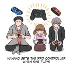  1girl 2boys atlus ayyk92 black_hair brown_hair controller doujima_nanako doujima_ryoutarou english_text game_controller grey_hair hair_ornament multiple_boys narukami_yuu necktie nintendo nintendo_switch persona persona_4 short_hair short_twintails twintails 