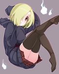  ass bags_under_eyes black_legwear blonde_hair blush brown_eyes earrings ghost hair_over_one_eye hitodama hood hood_down hoodie idolmaster idolmaster_cinderella_girls jewelry jpeg_artifacts legs_up looking_at_viewer moketa open_mouth panties pantyshot shirasaka_koume short_hair skirt sleeves_past_fingers sleeves_past_wrists solo striped striped_panties thighhighs underwear 