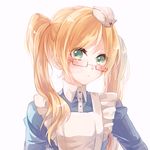  :&lt; apron axis_powers_hetalia bad_id bad_pixiv_id blonde_hair blush closed_mouth genderswap genderswap_(mtf) glasses green_eyes hat hozumi_rino long_hair long_sleeves looking_at_viewer mini_hat nurse_cap simple_background solo twintails united_kingdom_(hetalia) upper_body v-shaped_eyebrows white_background 