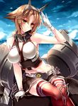  amane_ruri arm_support blush breasts cloud gloves green_eyes headgear horizon kantai_collection large_breasts looking_at_viewer machinery midriff mutsu_(kantai_collection) navel ocean red_legwear short_hair sitting skirt sky solo thighhighs white_gloves 
