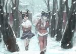  antlers beret blue_eyes blue_hair forest hair_ornament hair_rings hair_stick hat ichiba_youichi jiangshi kaku_seiga miyako_yoshika multiple_girls nature ofuda outstretched_arms pants reindeer_antlers santa_costume short_hair snow snowing touhou walking winter zombie_pose 