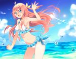  bikini blue_eyes breasts cleavage cloud day highres lens_flare long_hair medium_breasts megurine_luka ocean pink_hair solo sun swimsuit temari_(deae) vocaloid water_drop 