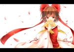 ascot bell bow covering_mouth detached_sleeves hair_bow hair_tubes hakurei_reimu highres letterboxed looking_at_viewer petals red_eyes ribbon-trimmed_sleeves ribbon_trim simple_background solo sunyuqian talisman touhou upper_body white_background 