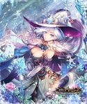  blue_eyes breast_tattoo breasts cape cleavage copyright_name cowboy_shot elbow_gloves fur_trim gloves hat ice icicle large_breasts looking_at_viewer shingeki_no_bahamut short_hair silver_hair snowflakes snowing solo tattoo teddy_(khanshin) witch_hat 