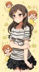  :d =_= casual hair_bobbles hair_ornament hiiringu idolmaster idolmaster_million_live! kitazawa_shiho multiple_girls open_mouth shirt skirt smile striped striped_shirt t-shirt wavy_hair yabuki_kana 