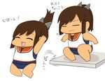  chibi closed_eyes comic gaiko_kujin i-401_(kantai_collection) jumping kantai_collection sailor_collar school_swimsuit short_ponytail simple_background solo swimsuit swimsuit_under_clothes tan translation_request 