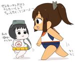  backpack bag chibi comic diving_mask diving_mask_on_head gaiko_kujin i-401_(kantai_collection) kantai_collection maru-yu-san maru-yu_(kantai_collection) multiple_girls sailor_collar school_swimsuit short_ponytail simple_background swimsuit swimsuit_under_clothes tan translation_request 