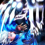 beowulf_(devil_may_cry) blue_eyes claw_(weapon) devil_may_cry devil_may_cry_3 fingerless_gloves frown gloves jacket looking_at_viewer male_focus nagare solo spiked_hair vergil weapon white_hair 