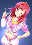  bracelet collarbone hand_on_hip highres jewelry looking_at_viewer love_live! love_live!_school_idol_project midriff music_s.t.a.r.t!! navel necklace nishikino_maki one_eye_closed pointing pointing_up purple_eyes red_hair short_hair smile solo tiara yu-ta 