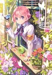  ahoge apple armband bf._(sogogiching) bird bird_on_hand birdcage bug butterfly cage flower food fruit insect leaning light_particles looking_at_viewer male_focus neck_ribbon official_art petals pink_hair plant potted_plant purple_eyes ribbon saibai_shounen school_uniform smile solo wind window windowsill 
