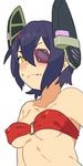  bad_id bad_twitter_id bare_shoulders blush breasts commentary_request covered_nipples emu_(eomou) fang headgear kantai_collection medium_breasts o-ring o-ring_top short_hair solo sweatdrop tenryuu_(kantai_collection) yellow_eyes 