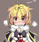  blonde_hair blush directional_arrow fingerless_gloves gloves grey_background hair_flaps hair_ornament hair_ribbon hairclip kantai_collection koenza_botoke red_eyes remodel_(kantai_collection) ribbon scarf twitter_username yuudachi_(kantai_collection) 