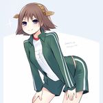  &gt;:) alternate_costume bad_id bad_twitter_id brown_hair cowboy_shot dated gym_shorts gym_uniform hands_on_thighs headgear hiei_(kantai_collection) jacket kantai_collection leaning_forward muryotaro open_clothes open_jacket purple_eyes shorts smile solo track_jacket twitter_username v-shaped_eyebrows 