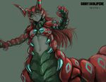  alternate_color antennae claws gray_skin green_eyes grey_skin highres insect_girl monster_girl navel nintendo personification pokemon pokemon_(game) pokemon_bw red_hair reef scolipede shiny_pokemon yellow_sclera 