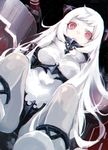  airfield_hime breasts cannon highres horns kantai_collection long_hair looking_at_viewer medium_breasts mephist-pheles open_mouth red_eyes shinkaisei-kan silver_hair sitting solo very_long_hair white_hair white_skin 