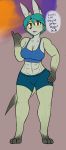  2018 5_fingers abs anthro big_breasts breasts canine clothed clothing dialogue digital_media_(artwork) english_text female fur hair jackal mammal muscular muscular_female navel open_mouth orange_eyes simple_background solo standing stareostar text turquoise_hair 