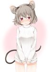  akagashi_hagane alternate_costume animal_ears blush dress ear_blush grey_hair long_sleeves looking_at_viewer mouse_ears mouse_tail nazrin parted_lips red_eyes short_hair simple_background smile solo sweat sweater sweater_dress tail touhou turtleneck 