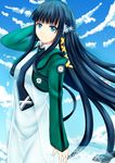  absurdres bangs black_hair blue_eyes blue_hair blunt_bangs chiyo_goya cloud day hair_ornament highres long_hair mahouka_koukou_no_rettousei necktie school_uniform shiba_miyuki snowflake_hair_ornament solo very_long_hair 