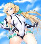  angela_balzac armor armpits bangs bare_shoulders black_gloves blonde_hair blue_eyes blush breasts breasts_apart cloud covered_navel cowboy_shot day elbow_gloves from_below gloves halterneck hand_on_hip headgear highleg highleg_leotard hips large_breasts leotard light_smile long_hair looking_at_viewer low_twintails onsoku_maru outdoors parted_bangs pilot_suit rakuen_tsuihou sky smile solo thighs turtleneck twintails very_long_hair 