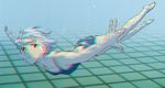  1girl 3d :t absurdres anaglyph ayanami_rei barefoot blue_hair blue_swimsuit bubble flat_chest foreshortening from_side hands highres holding_breath neon_genesis_evangelion one-piece_swimsuit outstretched_arms pale_skin pool red_eyes scan short_hair small_breasts solo spread_arms swimming swimsuit tsurumaki_kazuya underwater 