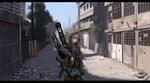  ak-74 assault_rifle blue_eyes blurry brown_hair building bullet_hole city commentary debris depth_of_field gun highres hood hoodie jittsu letterboxed long_hair original pouch rifle road rocket_launcher rpg solo street tree war weapon 