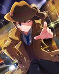  &gt;:) ;) brown_hair car ground_vehicle hat idolmaster idolmaster_million_live! looking_at_viewer motor_vehicle necktie official_art one_eye_closed pointing police police_car purple_eyes side_ponytail smile solo trench_coat v-shaped_eyebrows yokoyama_nao 