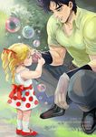  1girl black_hair blonde_hair bubble bubble_wand child drill_hair father_and_daughter gloves green_eyes highres jojo_no_kimyou_na_bouken joseph_joestar_(young) kuujou_holly polka_dot toujou_shufu twin_drills watermark web_address 