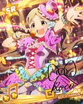  beamed_eighth_notes brown_hair card_(medium) character_name confetti gloves handa_roko hat holding idolmaster idolmaster_million_live! long_hair microphone musical_note official_art open_mouth solo sparkle twintails yellow_eyes 