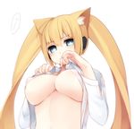  1girl android animal_ear_fluff animal_ears bad_id bad_twitter_id bikini blonde_hair blue_eyes blush breasts caseal covered_nipples large_breasts long_hair looking_at_viewer muryotaro o-ring o-ring_top open_clothes open_shirt phantasy_star phantasy_star_online_2 shirt simple_background solo sweatdrop swimsuit twintails upper_body very_long_hair white_background white_bikini 
