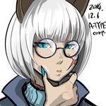  1girl 2014 a-type_corporation animal_ears animal_eats bespectacled blue_eyes claws dated face female fingernail_polish glasses ms._fortune_(skullgirls) nadia_fortune nail_polish scar short_hair skullgirls solo white_hair 