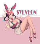  animal_ears blue_eyes breasts cleavage gen_6_pokemon hair_ribbon highres juck_pill large_breasts legs personification pink_hair pokemon ribbon solo sylveon 