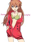  bikini bikini_top blue_eyes breasts brown_hair character_name chatubo cleavage front-tie_bikini front-tie_top green_bikini hair_ornament hand_in_pocket long_hair medium_breasts navel neon_genesis_evangelion open_clothes simple_background solo souryuu_asuka_langley sweater swimsuit tongue tongue_out white_background 