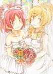  alternate_hairstyle blonde_hair bouquet breasts bridal_veil couple cover cover_page doujin_cover dress drill_hair fang flower jewelry looking_at_viewer mahou_shoujo_madoka_magica medium_breasts multiple_girls necklace pearl_necklace red_eyes red_hair sakura_kyouko small_breasts smile takeshisu tomoe_mami veil wedding_dress white_dress wife_and_wife yellow_eyes yuri 