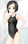  adjusting_eyewear bangs black_eyes black_hair black_swimsuit bob_cut breasts competition_swimsuit cowboy_shot girls_und_panzer glasses hand_on_hip highres light_smile looking_at_viewer one-piece_swimsuit pinstripe_pattern rimless_eyewear sangou_(girls_und_panzer) short_hair small_breasts smile standing striped swept_bangs swimsuit takafumi 