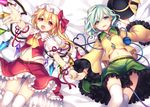  arm_ribbon ascot bad_id bad_pixiv_id blonde_hair blue_eyes bow bracelet earrings fangs flandre_scarlet hat hat_bow hat_removed hat_ribbon headwear_removed jewelry komeiji_koishi long_sleeves looking_at_viewer lying masaru.jp midriff mob_cap multiple_girls navel on_back open_clothes open_mouth open_shirt open_vest panties pantyshot pantyshot_(lying) pink_eyes puffy_short_sleeves puffy_sleeves ribbon shirt short_sleeves side_ponytail silver_hair skirt striped striped_panties thighhighs third_eye touhou underwear upskirt vest white_legwear wide_sleeves wings wrist_ribbon zettai_ryouiki 