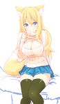  animal_ear_fluff animal_ears black_legwear blonde_hair blue_eyes breasts cleavage cleavage_cutout fox_ears fox_tail futaba_aoi large_breasts long_hair looking_at_viewer meme_attire miniskirt naomi_(sekai_no_hate_no_kissaten) open-chest_sweater original pleated_skirt ribbed_sweater sitting sketch skirt solo sweater tail thighhighs thighs turtleneck zettai_ryouiki 
