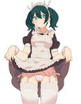  apron bad_id bad_twitter_id commentary_request dress dress_lift emu_(eomou) garter_belt green_eyes green_hair highres kantai_collection maid maid_apron maid_headdress pubic_hair solo souryuu_(kantai_collection) sweat thighhighs twintails 